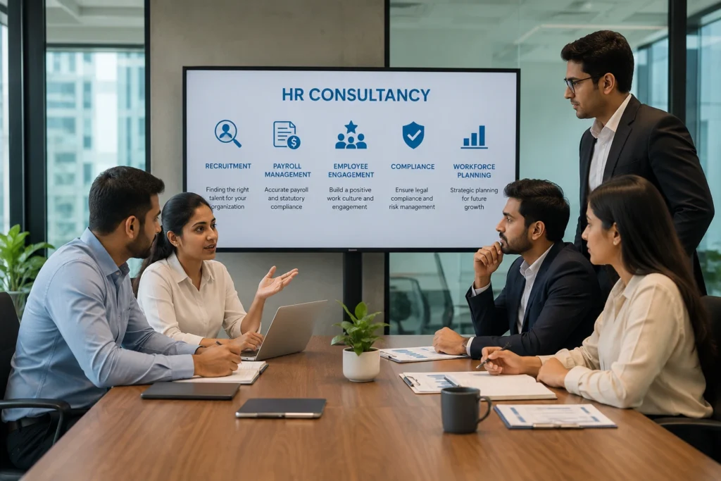 Professional HR consultancy company meeting with business leaders discussing recruitment, payroll management, compliance, and workforce planning.
