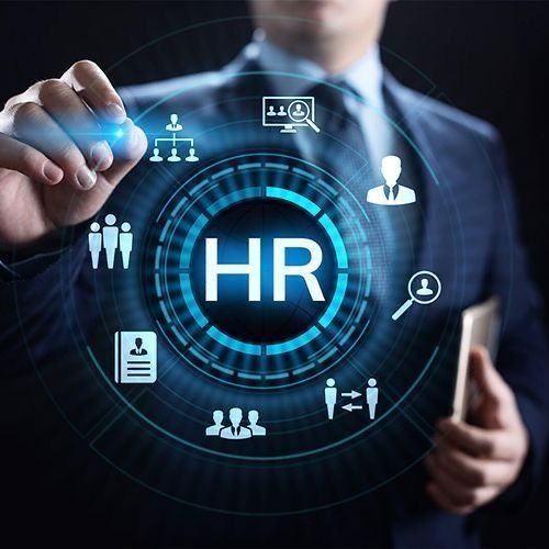Business professional using a digital HR dashboard representing a Human Resources Services Company for recruitment, payroll, and workforce management.