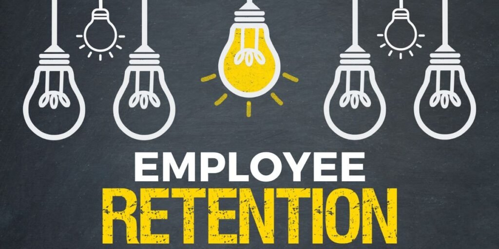Employee retention concept with hanging light bulbs, highlighting one illuminated bulb among others.
