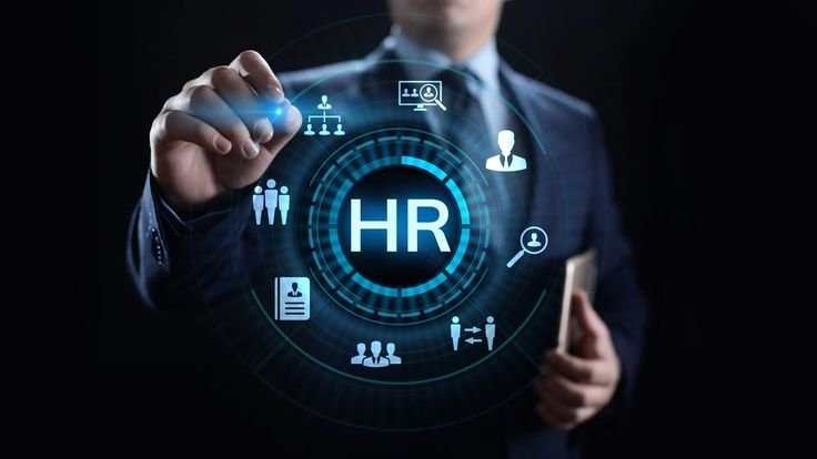 Business professional interacting with a digital HR interface representing the principles of human resource management, recruitment, employee management, and workforce planning.