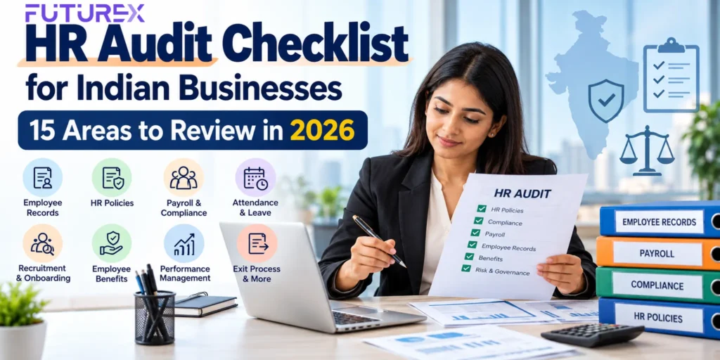 HR audit checklist for Indian businesses covering 15 key areas to review in 2026, including HR policies, payroll, employee records, and labour law compliance.