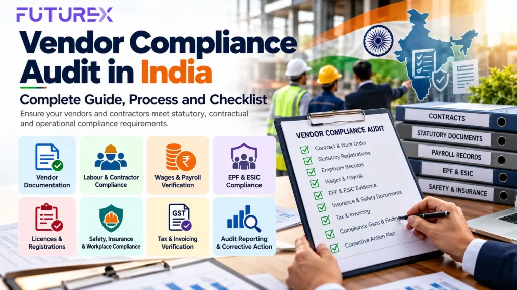 Vendor compliance audit checklist for Indian businesses reviewing contractor documents, wages and statutory records.